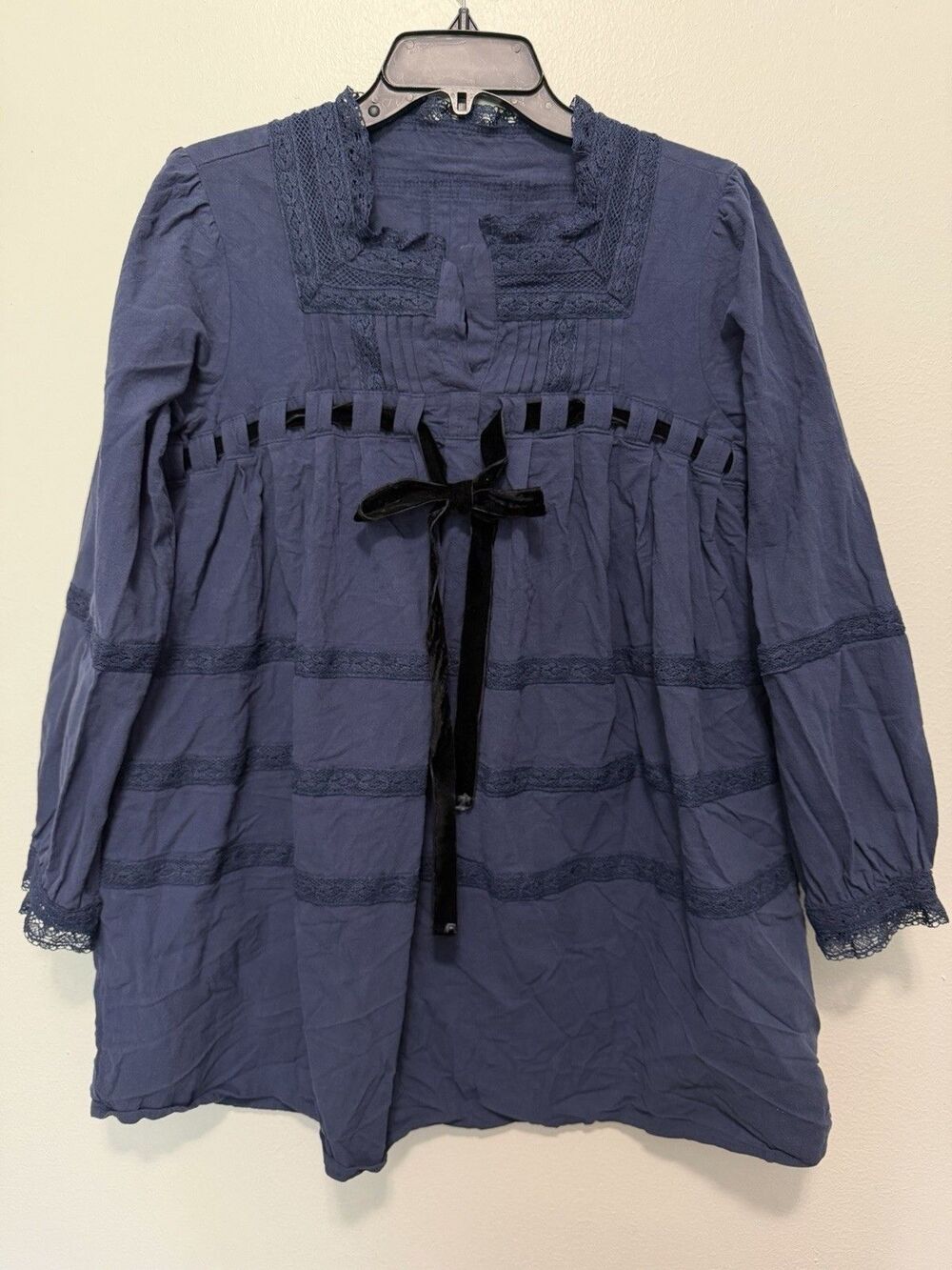 Free People Tea Time Babydoll Mini Dress 100% Cotton Navy Blue